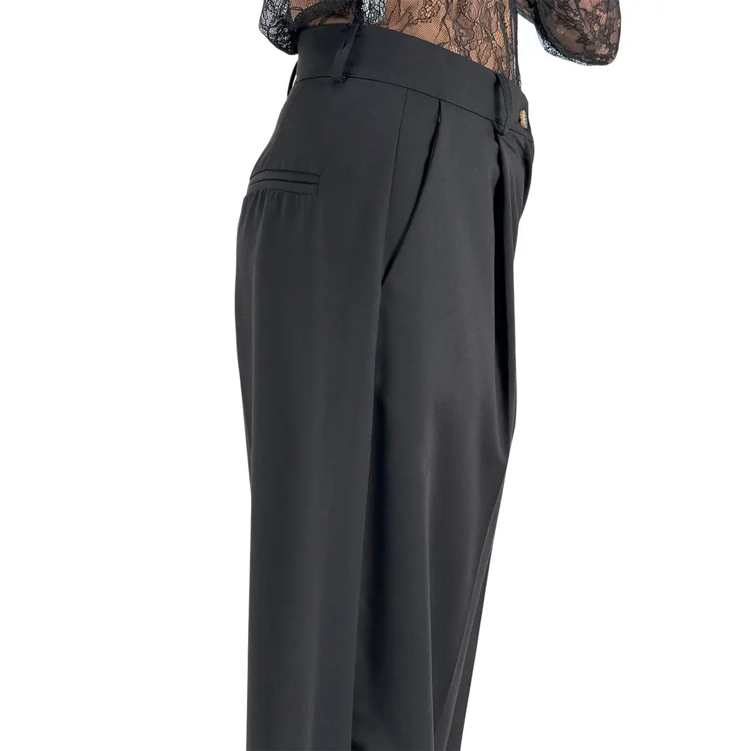 Bassini Pantaloni Donna Neri Sartoriali a Gamba Larga con Doppia Pince e Tasche a Filo