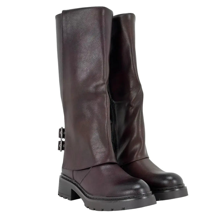 Bassini Stivale Donna Vino Biker in Ecopelle Effetto Used con Doppia Fibbetta e Tacco 4 cm