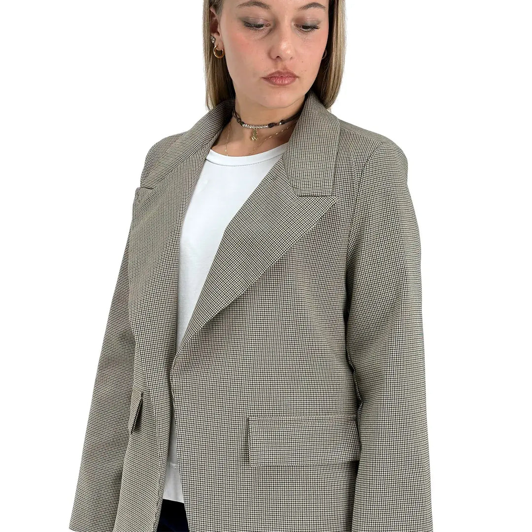 Bassini Giacca Donna Beige Pied de Poule con Chiusura Asimmetrica a Un Bottone e Tasche con Patta