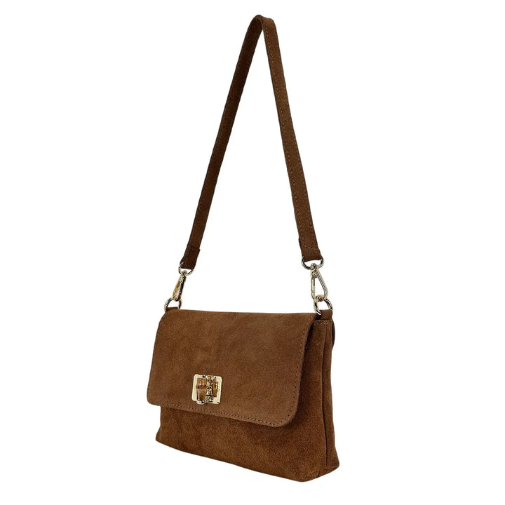 Bassini Borsa Donna in Pelle Scamosciata Cognac con Pattina Girello in Bambù e Tracolla Rimovibile