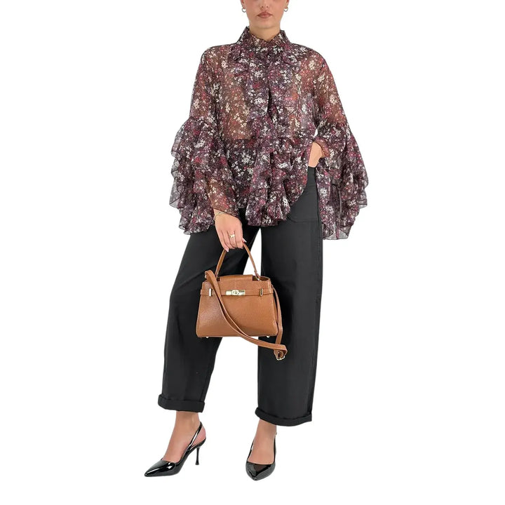 Bassini Camicia Donna Violet con Stampa Floreale, Collo alla Coreana e Maniche a Tre Quarti con Rouches