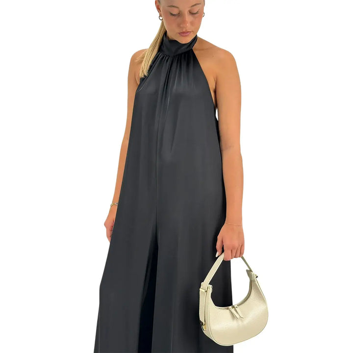 Bassini Tuta Donna Nera Elegante con Collo Americano, Fiocco sul Retro e Gamba Larga