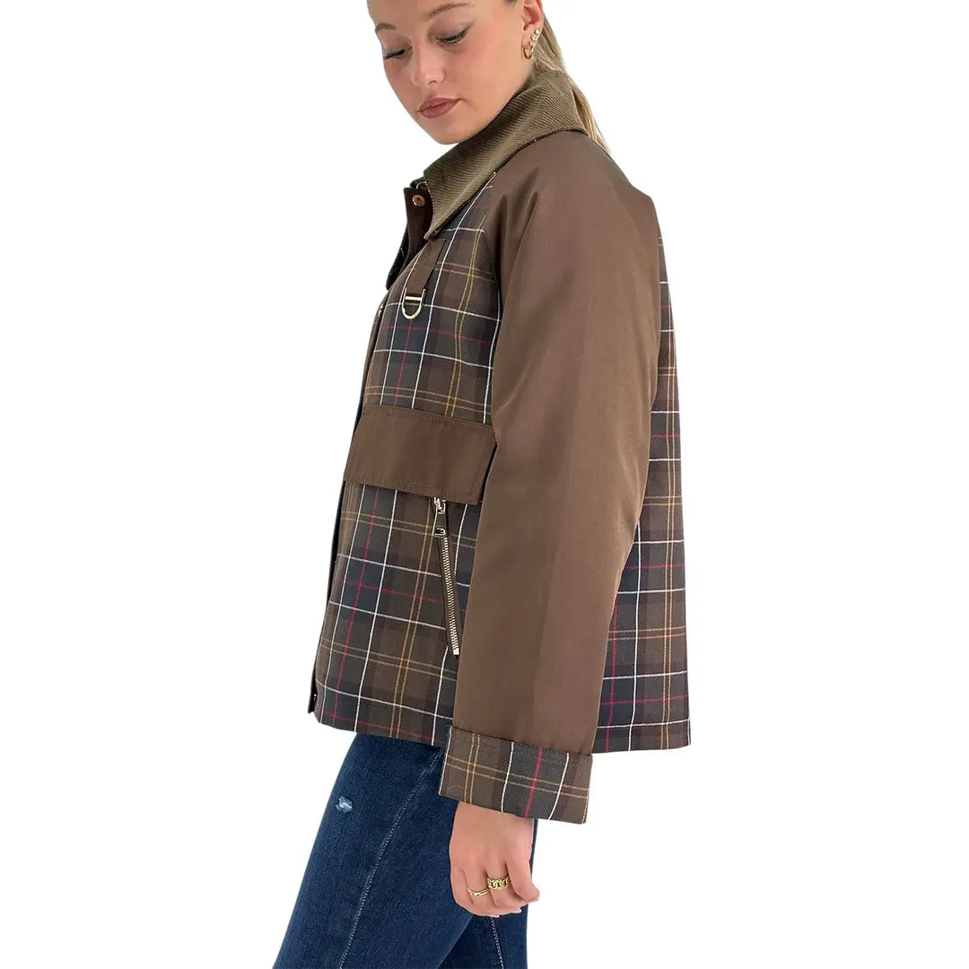 Bassini Giacca Donna Marrone Check con Collo in Velluto Oliva e Tasche con Zip