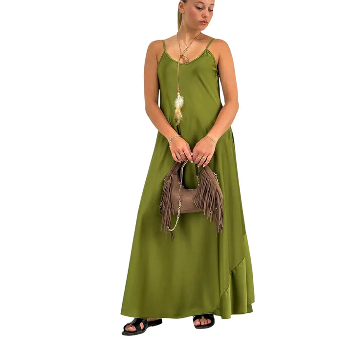 Bassini Abito Donna Verde Acido Modello Sottoveste con Spallini e Collana Piuma Inclusa
