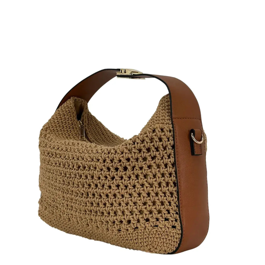 Bassini Borsa Donna a Spalla in Uncinetto Taupe con Tracolla Lunga Rimovibile