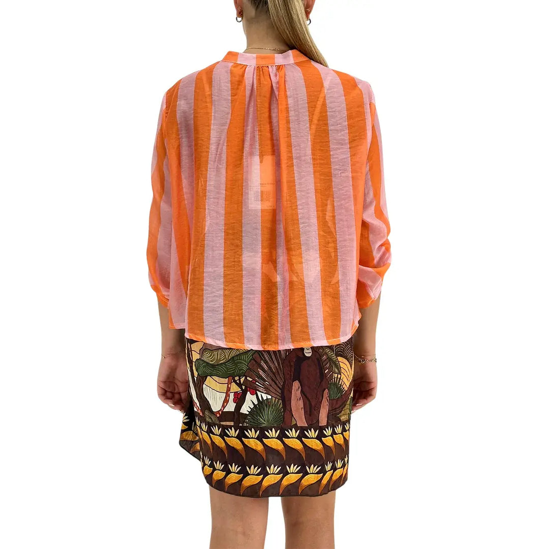 Bassini Camicia Donna Arancio e Rosa a Righe Larghe con Collo Coreano e Maniche Tre Quarti