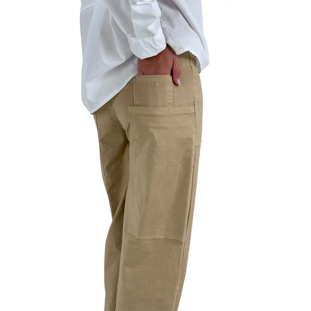 Bassini Pantaloni Donna Palazzo Kaki Oversize in Tessuto Elasticizzato con Tasche a Toppa