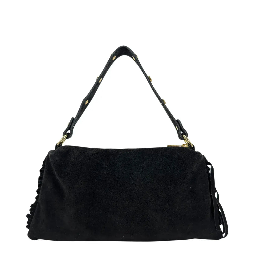 Bassini Borsa Donna in Camoscio Nero con Chiusura Zip e Doppia Tracolla Rimovibile