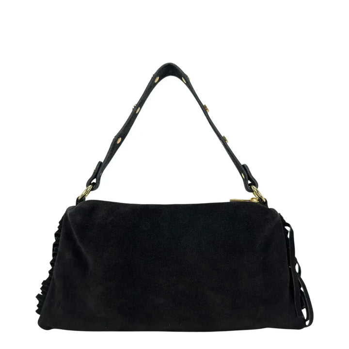 Bassini Borsa Donna in Camoscio Nero con Chiusura Zip e Doppia Tracolla Rimovibile