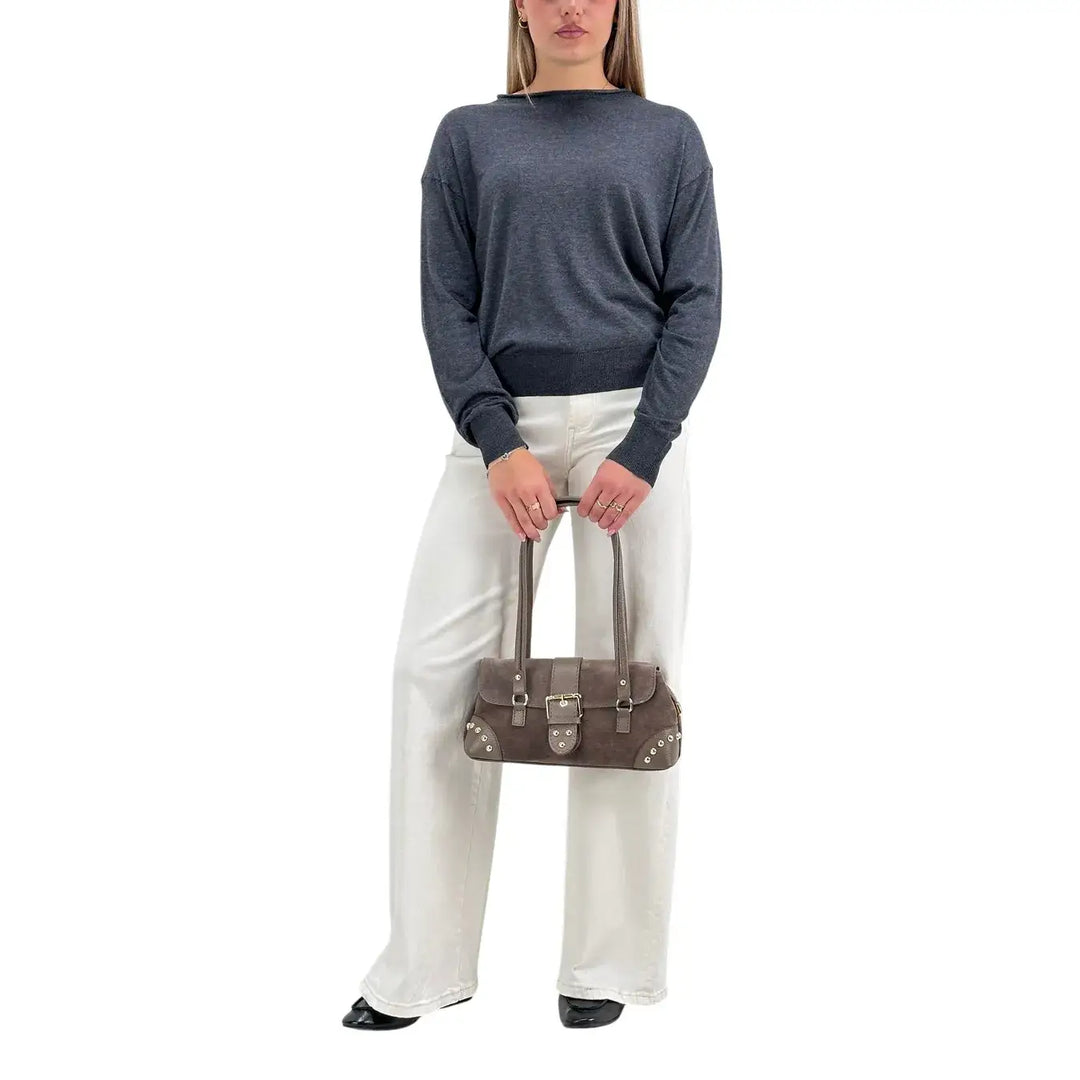 Bassini Maglia Donna Antracite Crop Over con Girocollo Orlato e Maniche Lunghe