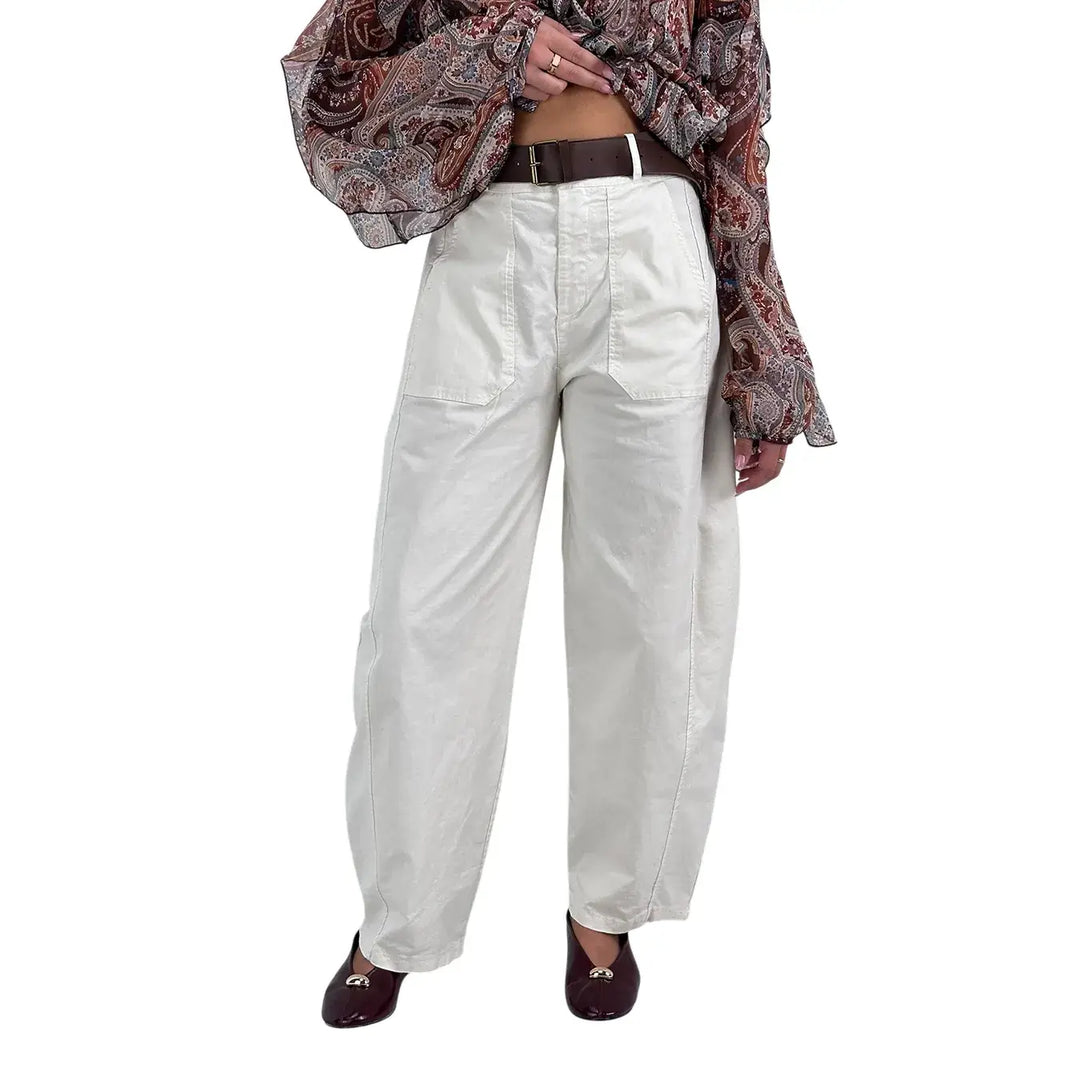 Bassini Pantaloni Donna Avorio Oversize Modello Banana con Tasche a Toppa e Cintura in Ecopelle