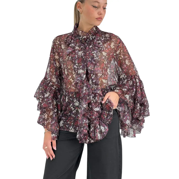 Bassini Camicia Donna Violet con Stampa Floreale, Collo alla Coreana e Maniche a Tre Quarti con Rouches