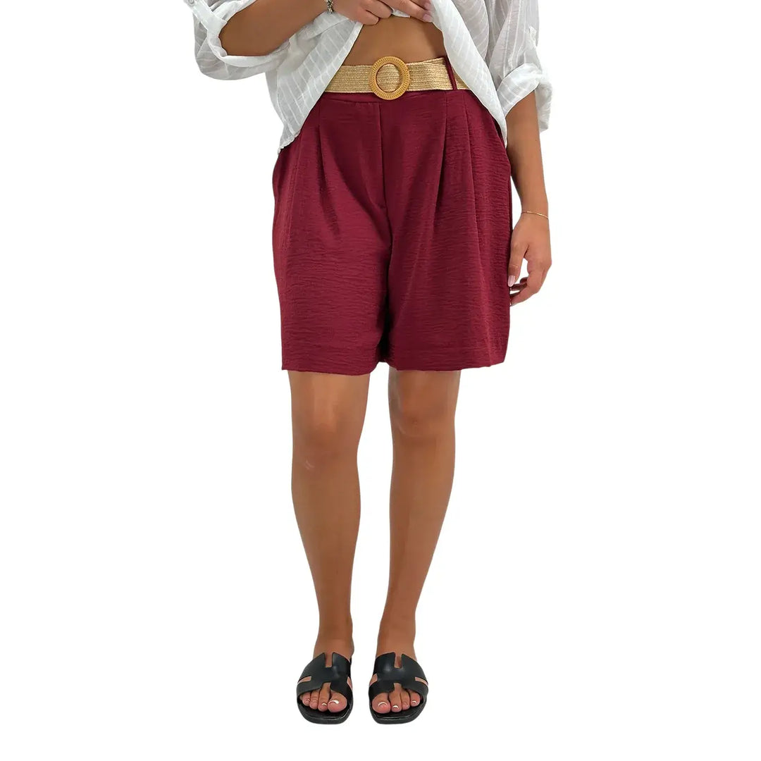 Bassini Bermuda Donna Borgogna in Lino e Cotone con Cintura in Rafia