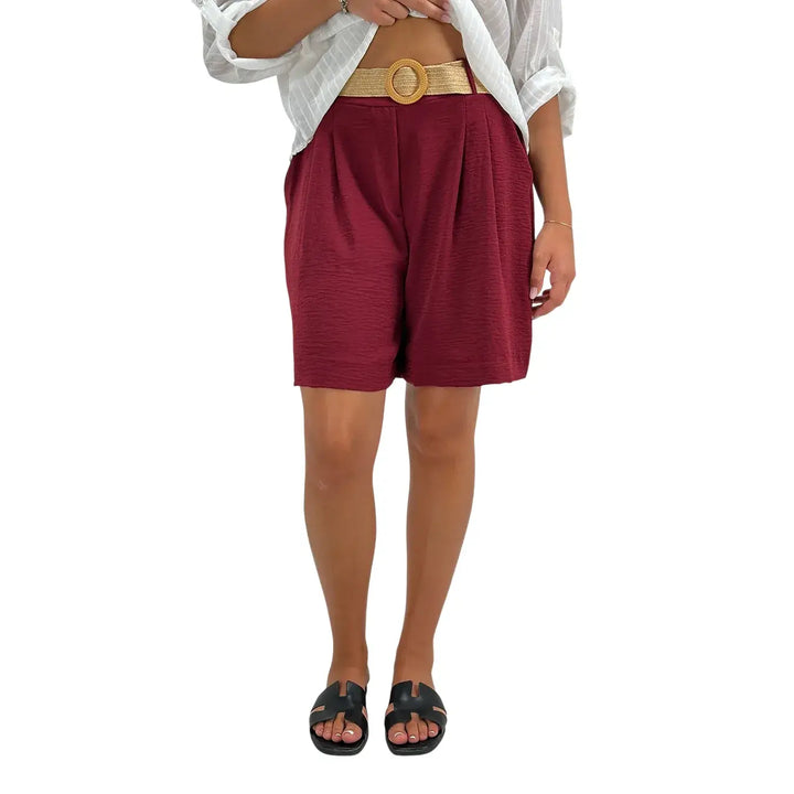 Bassini Bermuda Donna Borgogna in Lino e Cotone con Cintura in Rafia