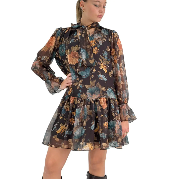 Bassini Abito Donna Corto Nero con Fantasia Floreale, Collo con Fiocco e Maniche Lunghe
