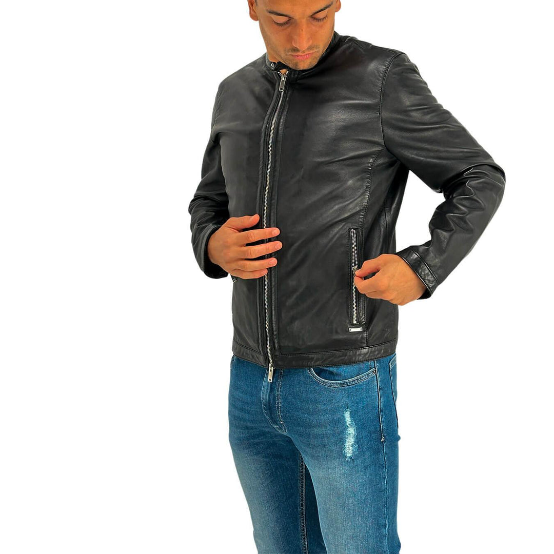 MarKup Giubbotto Uomo, Jacket Biker, Vera Pelle, Slim, Nero, bassiniboutique.it