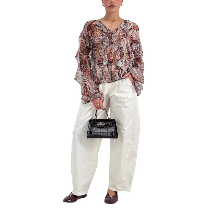 Bassini Pantaloni Donna Avorio Oversize Modello Banana con Tasche a Toppa e Cintura in Ecopelle
