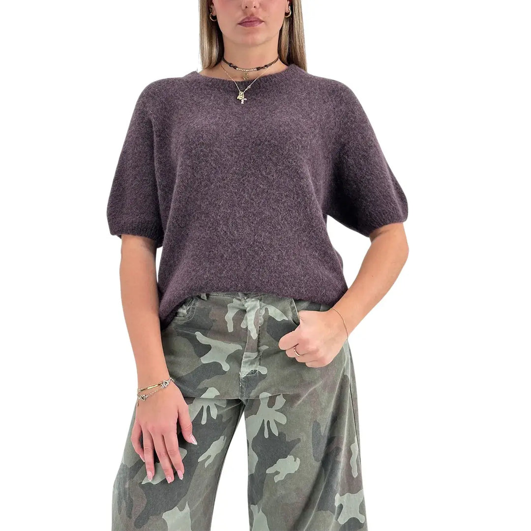 Bassini Maglia Donna Cioccolato Girocollo Oversize con Maniche Corte Raglan e Orlo a Costine