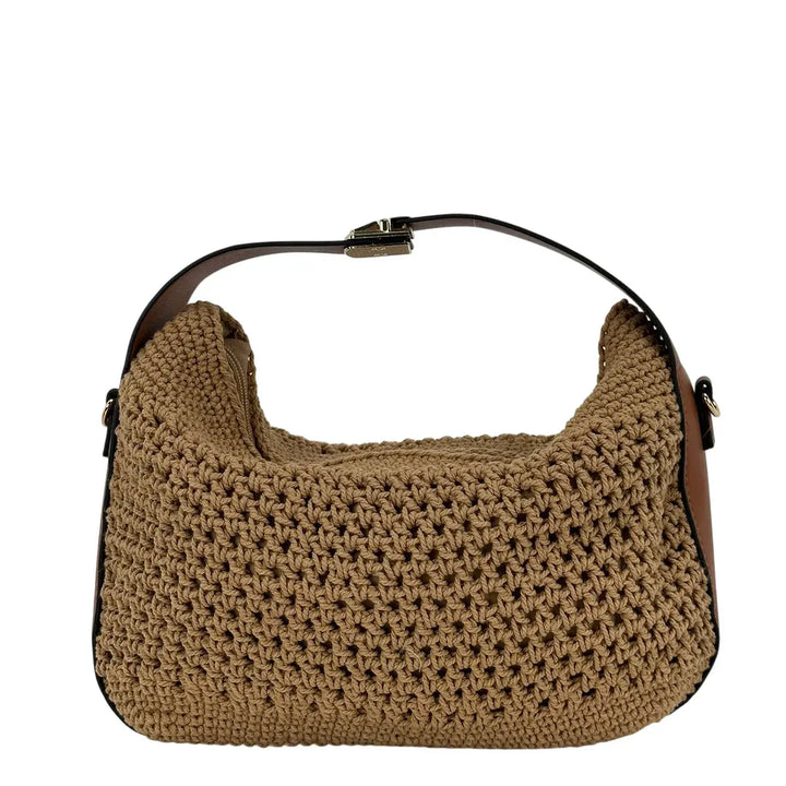Bassini Borsa Donna a Spalla in Uncinetto Taupe con Tracolla Lunga Rimovibile