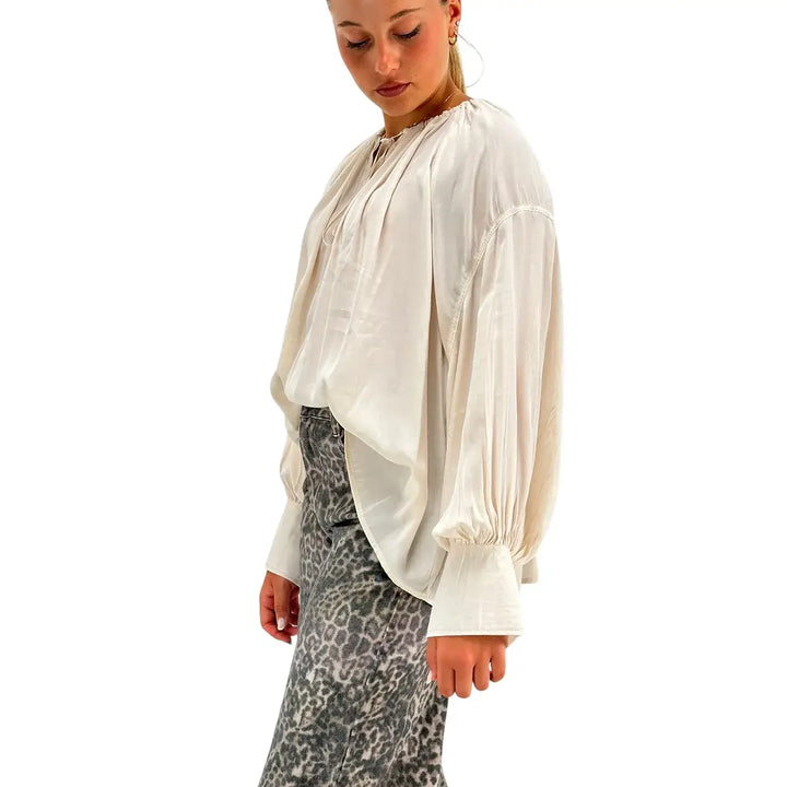 Bassini Blusa Donna Beige con Girocollo Arricciato Coulisse e Pendente