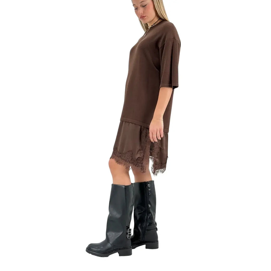 Bassini Abito Donna Cioccolato in Maglia con Balza in Raso e Pizzo e Spacchi Laterali