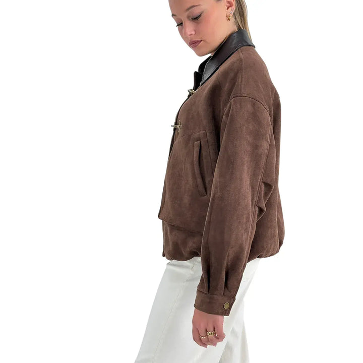 Bassini Bomber Donna Moka Oversize in Ecopelle Scamosciata con Collo Moro e Zip