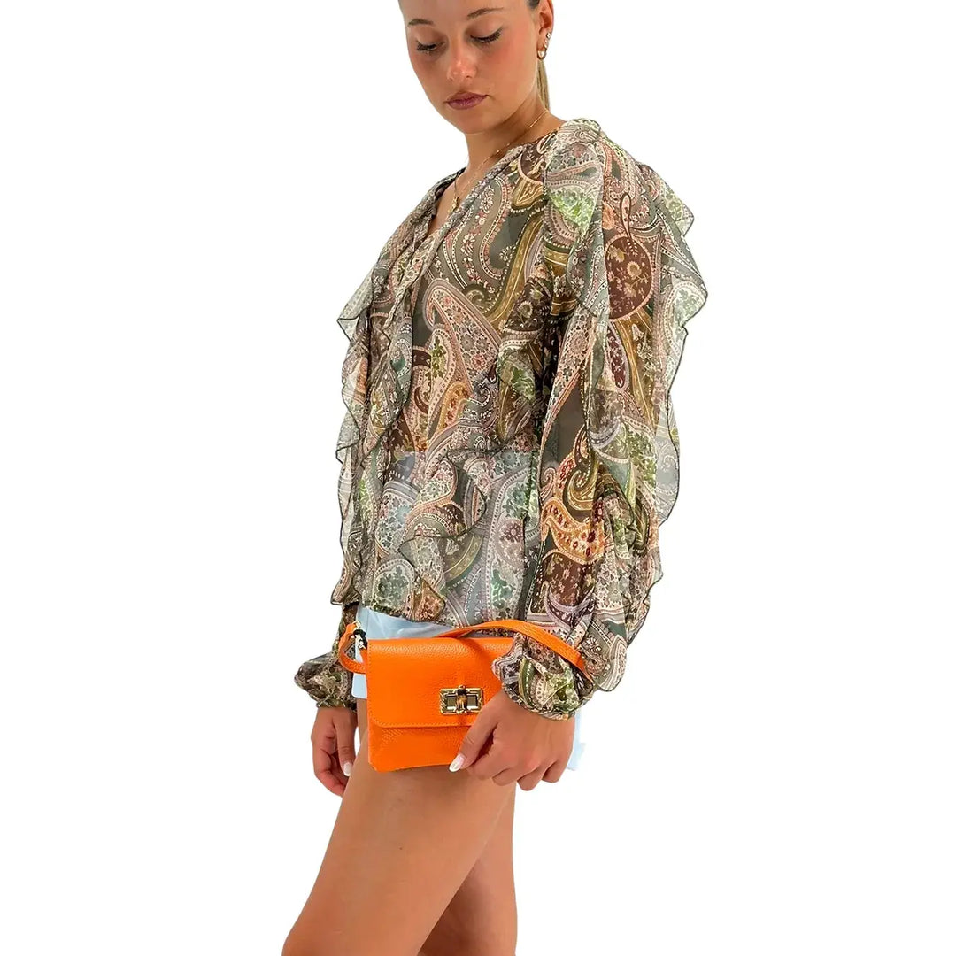 Bassini Blusa Donna Verde con Fantasia Damascata, Ruches e Bottoncini Frontali