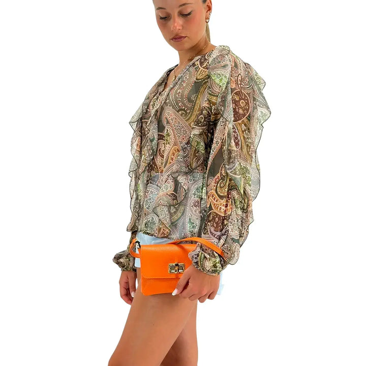 Bassini Blusa Donna Verde con Fantasia Damascata, Ruches e Bottoncini Frontali