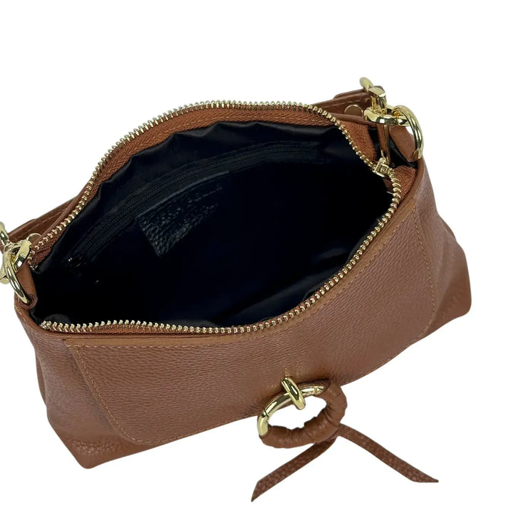 Bassini Borsa Donna Piccola in Pelle Cuoio con Doppia Tracolla e Accessorio Metallico