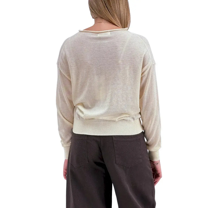 Bassini Maglia Donna Avorio Crop Over con Girocollo Orlato e Maniche Lunghe