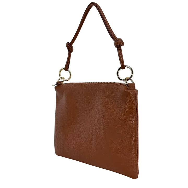 Bassini Borsa Donna Piatta in Pelle con Zip e Tracolla Intercambiabile Cognac