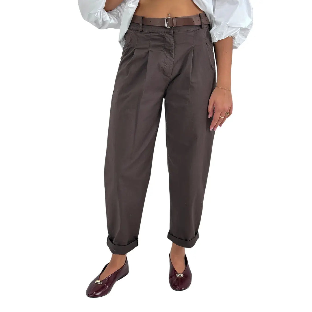 Bassini Pantaloni Donna Cioccolato Oversize con Doppia Pence, Elastico in Vita e Cintura