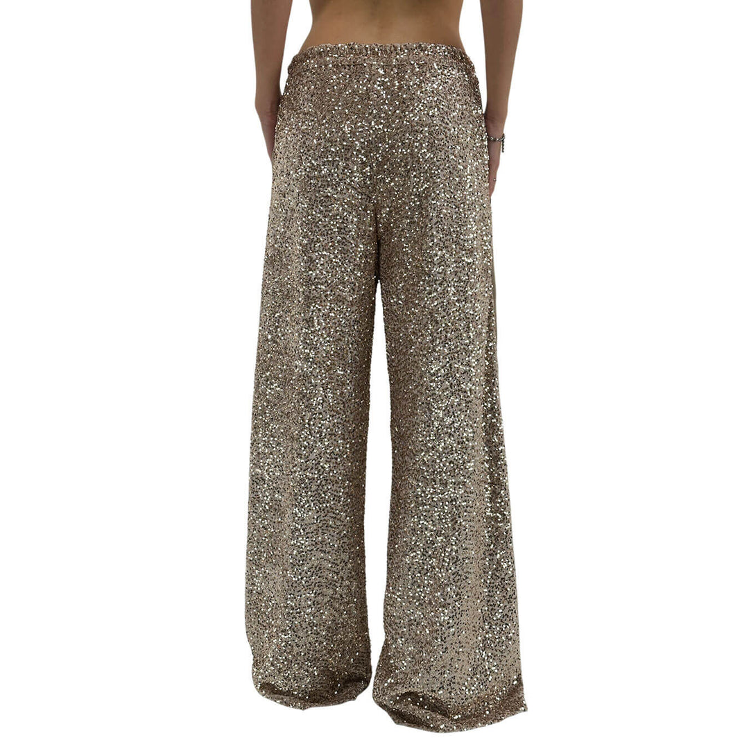 Motel Pantaloni Donna, Full Paillettes e Lurex, Fondo Largo, Beige