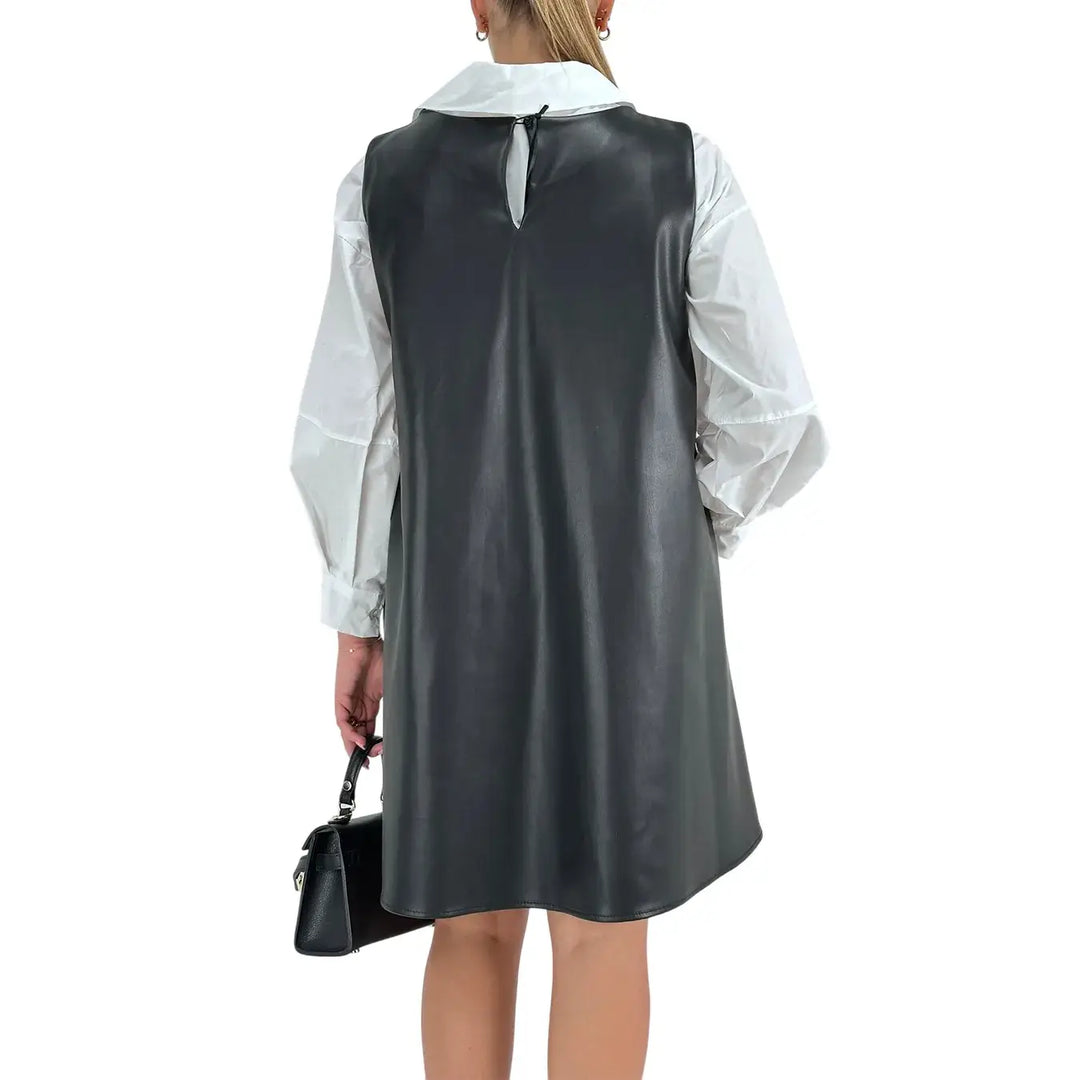 Bassini Abito Donna in Ecopelle Nero Smanicato Oversize a Trapezio con Scollo a Barca e Tasche Laterali