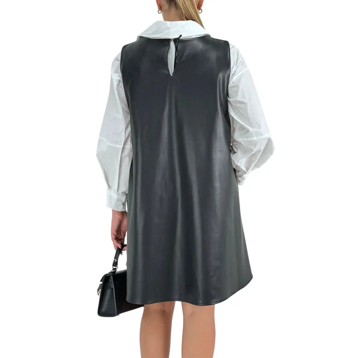 Bassini Abito Donna in Ecopelle Nero Smanicato Oversize a Trapezio con Scollo a Barca e Tasche Laterali