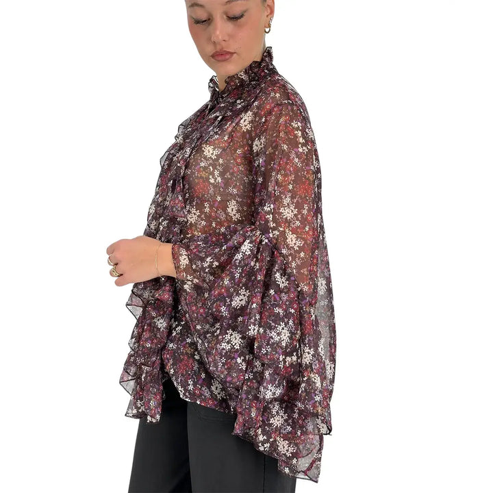 Bassini Camicia Donna Violet con Stampa Floreale, Collo alla Coreana e Maniche a Tre Quarti con Rouches