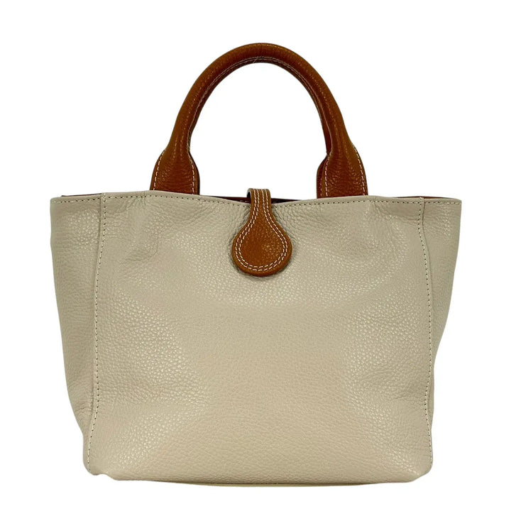Bassini Borsa Donna in Pelle Avorio e Cognac con Due Manici Tracolla Rimovibile e Chiusura H Magnetica