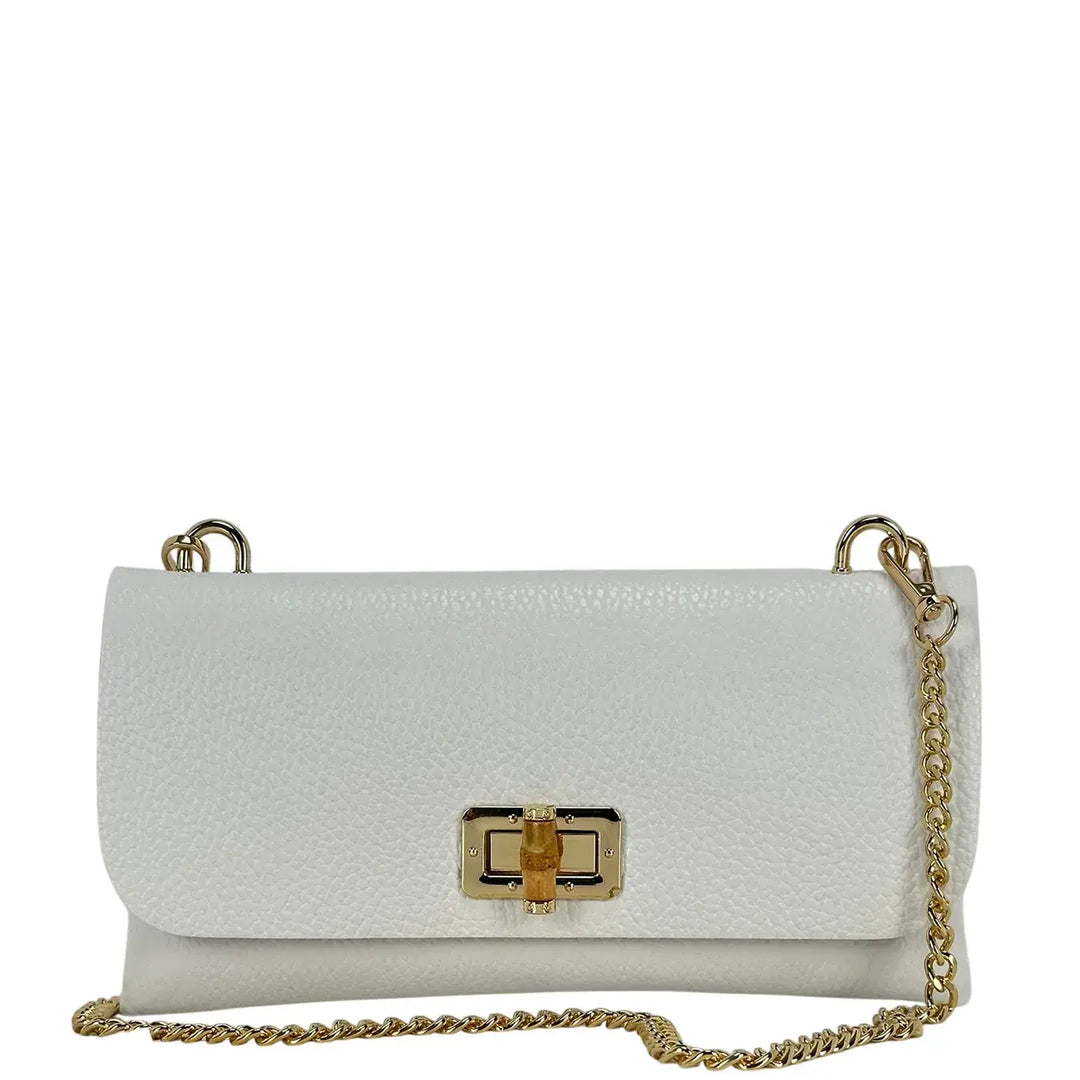 Bassini Borsa Donna Piccola in Pelle Bianca con Tracolla Catena Oro e Chiusura Girello Bambù