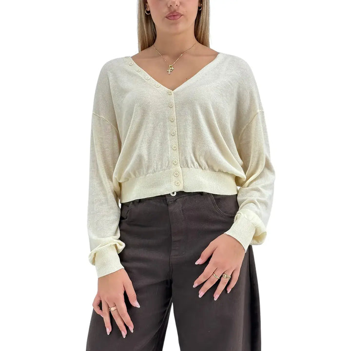 Bassini Cardigan Donna Avorio Crop Over con Bottoncini sul Collo e Maniche Lunghe