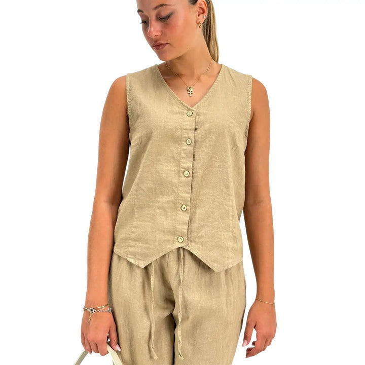 Bassini Camicia Donna Fango Smanicata in Lino e Cotone con Bottoni e Collo a V