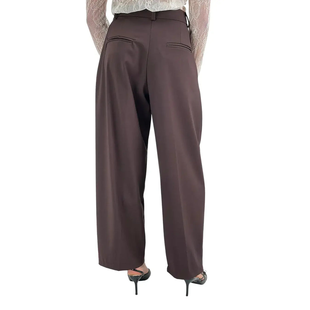 Bassini Pantaloni Donna Cioccolato Sartoriali a Gamba Larga con Doppia Pince e Tasche a Filo