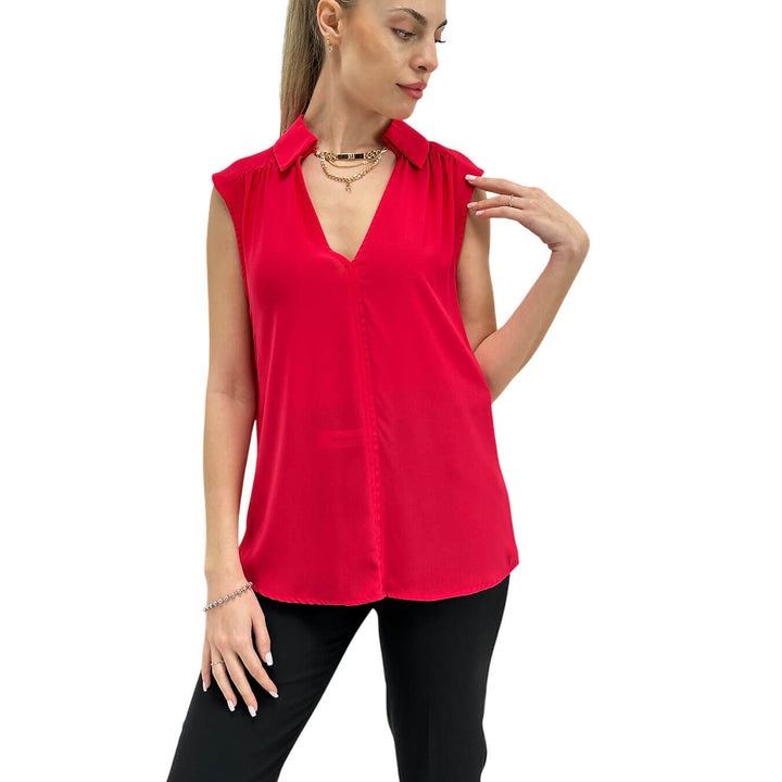 Relish Blusa Donna, Smanicata, Scollo a V, Colletto, Rosso