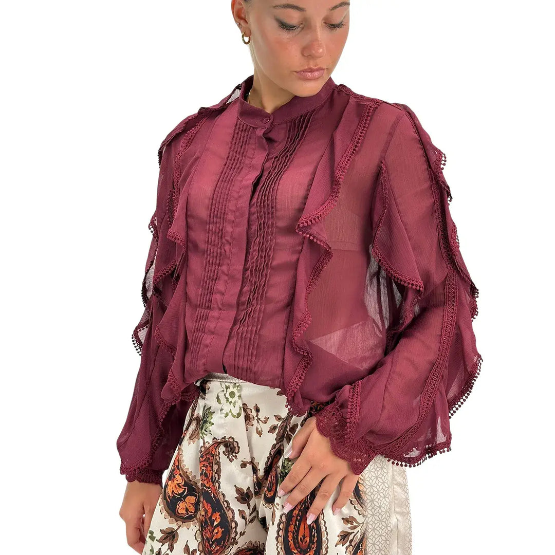 Bassini Camicia Donna Burgundy con Rouches Maniche Lunghe Collo alla Coreana e Tessuto Plissettato