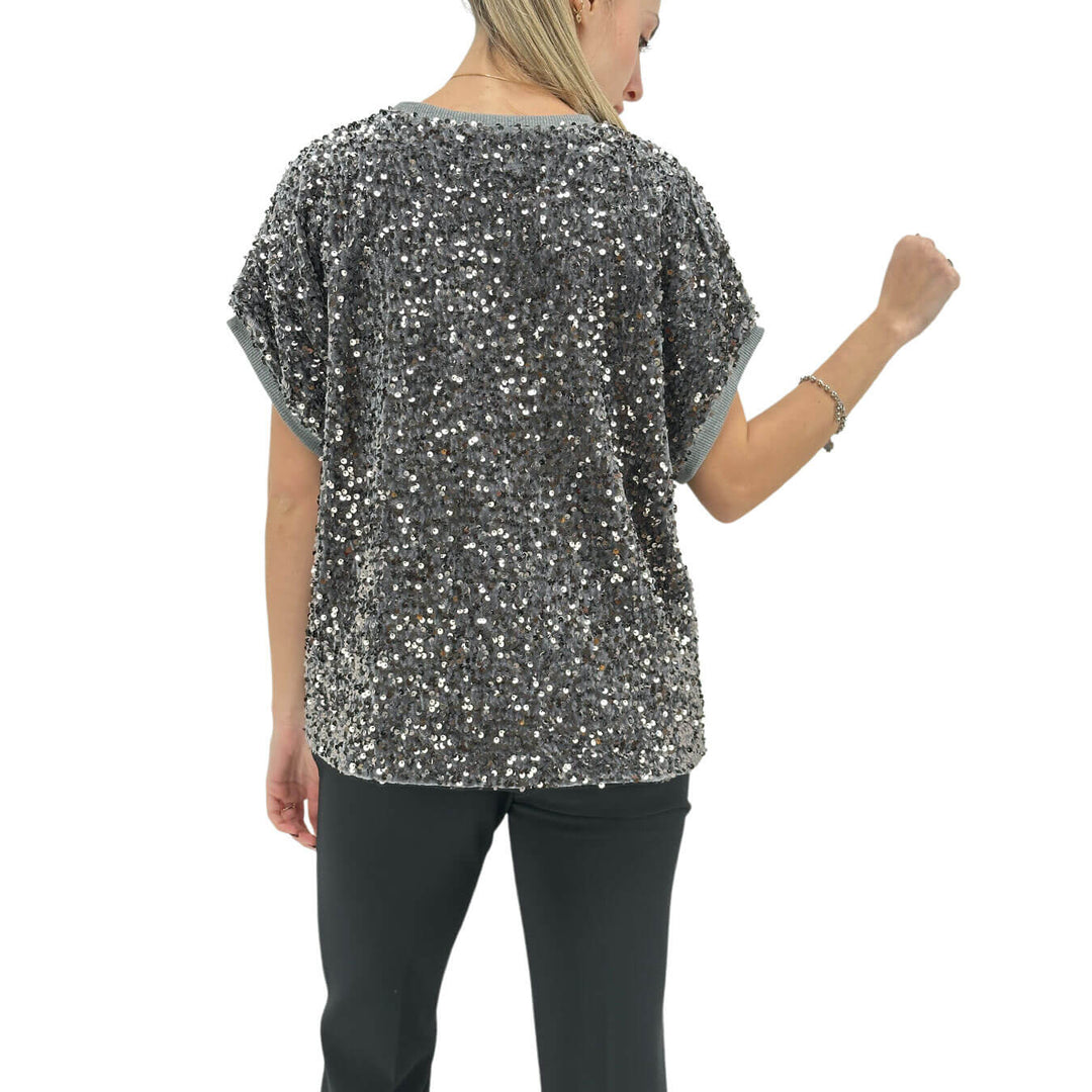 Motel Maglia Donna, T-Shirt, Girocollo, Full Paillettes, Argento