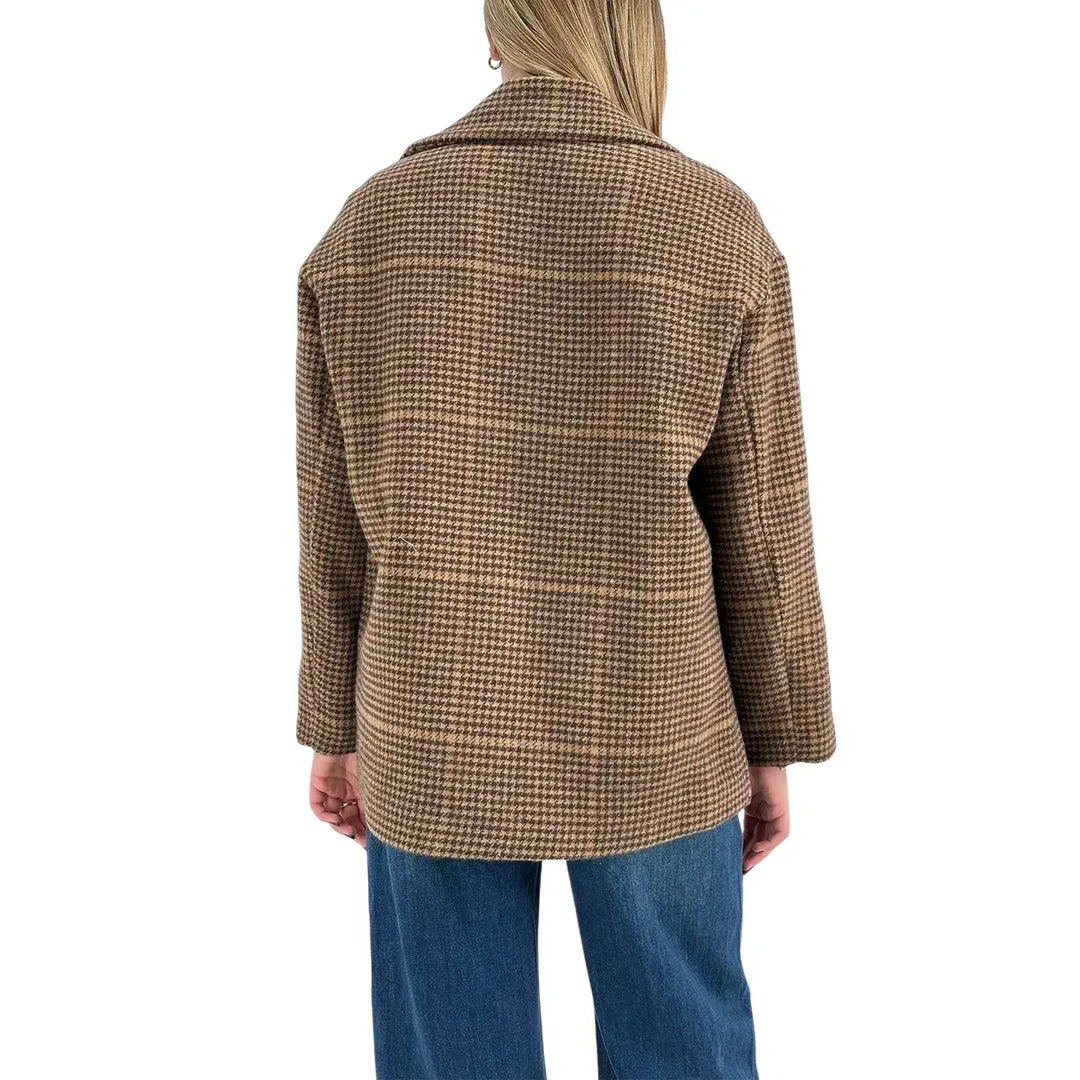 Bassini Cappottino Donna Corto Marrone Pied de Poule Oversize con Un Bottone
