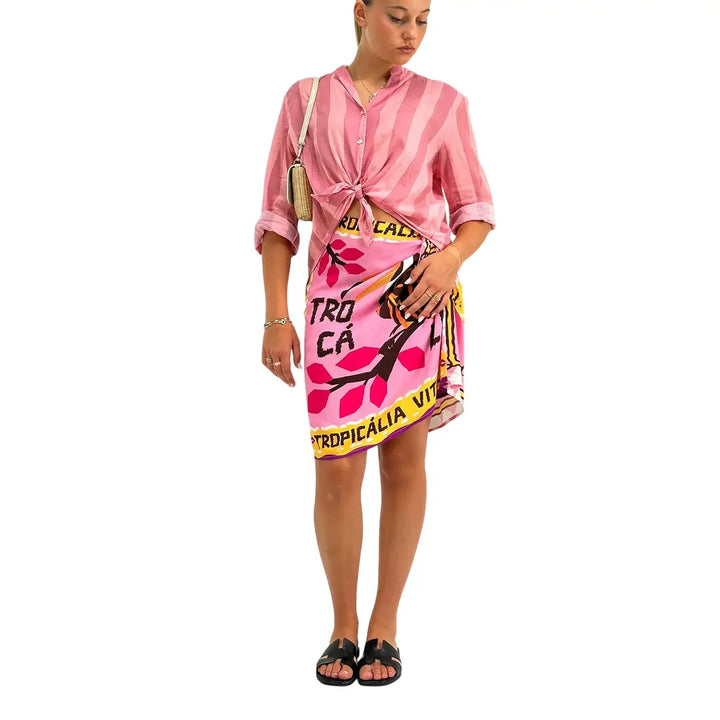 Motel Camicia Donna Rosa a Righe con Nodo Frontale, Collo Coreano e Maniche Tre Quarti