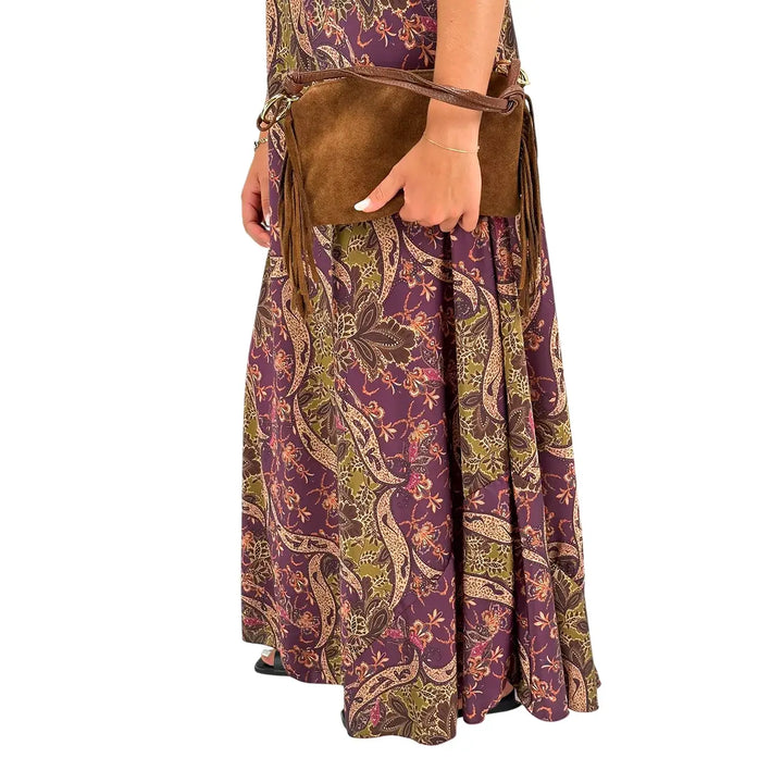 Bassini Abito Donna Burgundi Lungo Modello Sottoveste con Stampa Damascata e Spallini