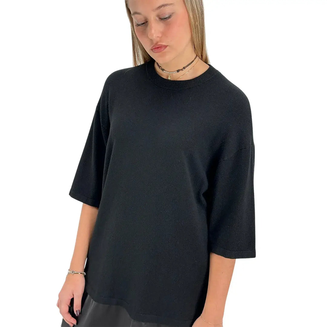Bassini Abito Donna Nero in Maglia con Balza in Raso e Pizzo e Spacchi Laterali