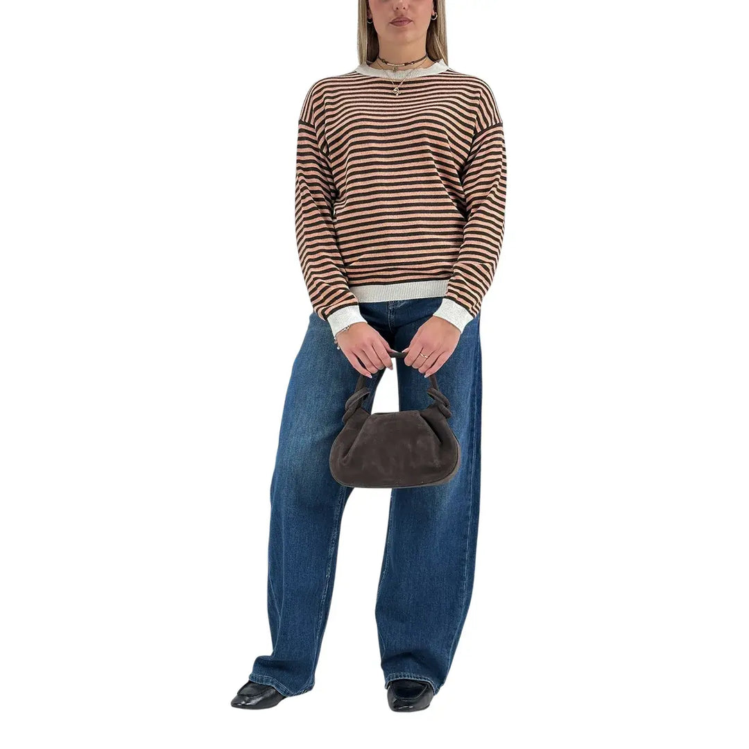 Bassini Maglia Donna Salmone a Righe Moro Girocollo Oversize con Maniche Raglan