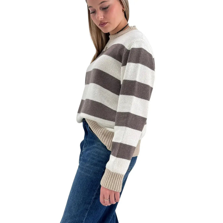 Bassini Maglia Donna Marrone e Avorio a Righe Girocollo con Coste Cammello e Vestibilità Regolare